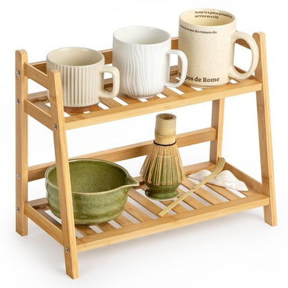 ANBOXIT Bamboo Matcha Station Organizer, Countertop 2 Tier Desktop Shelf for Mugs, Cups, and Condiments - Ideal for Matcha & Coffee Accessories in Kitchen, Home, Office