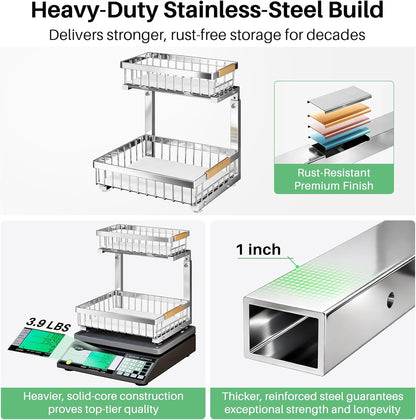 Under Sink Organizer by Skiennix - Stainless Steel 2-Tier Storage Solution | Pull-Out Cabinet Shelf