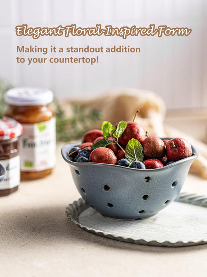 Gomakren Ceramic Berry Basket Set of 2, Elegant Fruit Bowl with Holes for Kitchen Counter, 6 Inch, Berries, Strawberry, Grape, Cherry, Floral Shape, Slate Blue, Dishwasher Safe