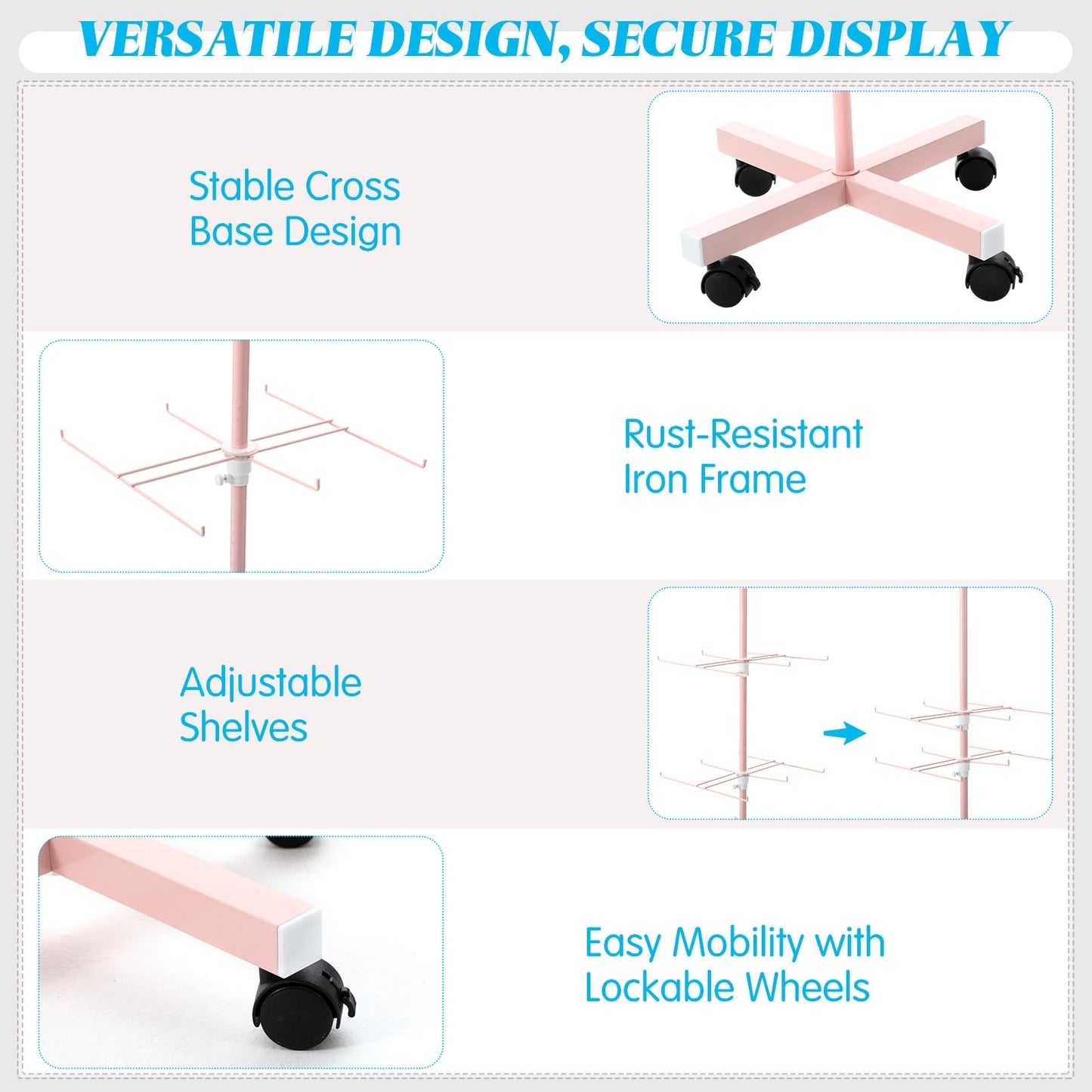 Ripeng 2 Pack 5-Tier Rotating Retail Display Stand, Adjustable Spinning Rack with Wheels for Jewelry Earrings Keychains Craft Shows Vendor Events, Pink
