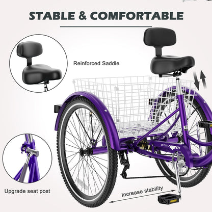 ABORON Adults Tricycle, 3 Wheels Bike for Adult, Tricycle for Adults, Double-Wall Wheel Rims, Tricycle for Women Men Exercise Outdoor Sports