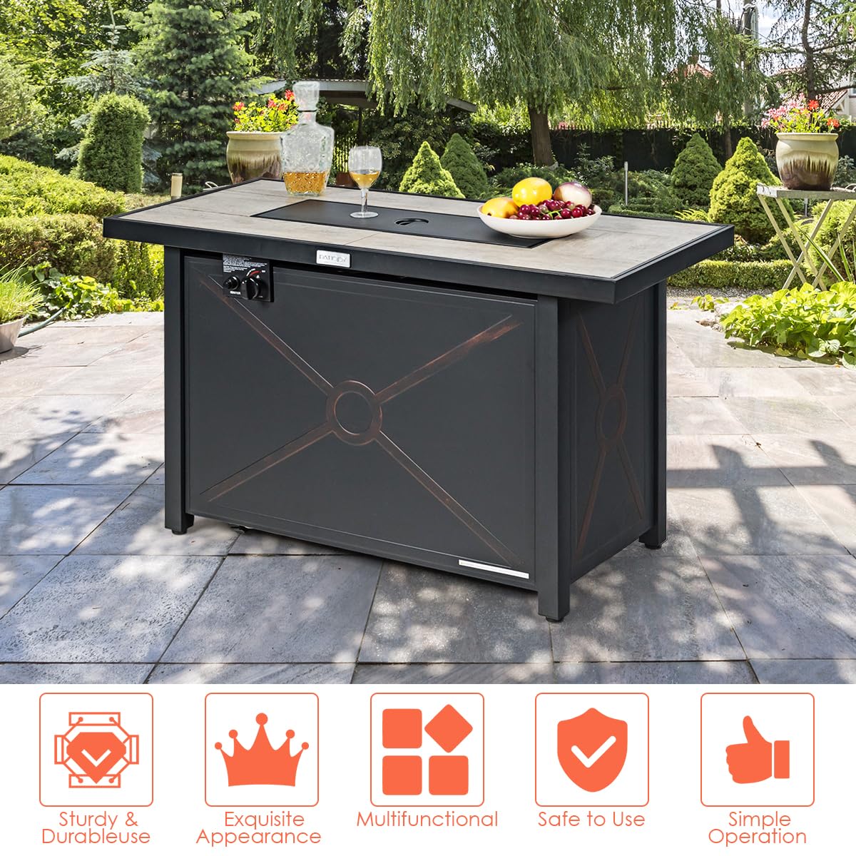 COSTWAY 42" Propane Fire Pit Table, 60,000 BTU Outdoor Rectangle Gas Fire Table W/Ceramic Tabletop, Lava Rock & PVC Cover Included, Stainless Steel Burner, Ideal for Backyard, Poolside