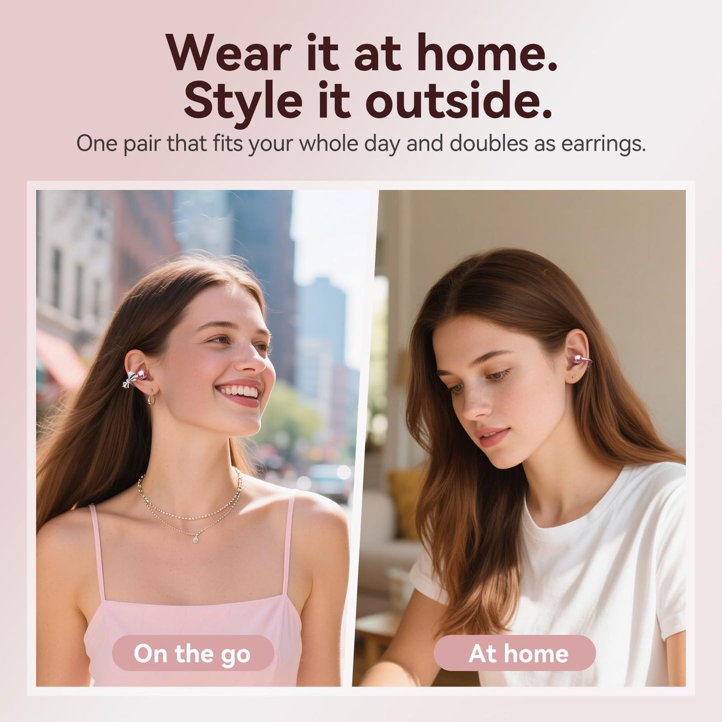 Kinglucky Jewelry-Inspired Clip-On Earbuds with Bow Earrings, Comfortable Fit & 50H Playtime Open Ear Bluetooth 5.4 Wireless Headphones for Women, Small Ears, Sports & Workouts (Pink)