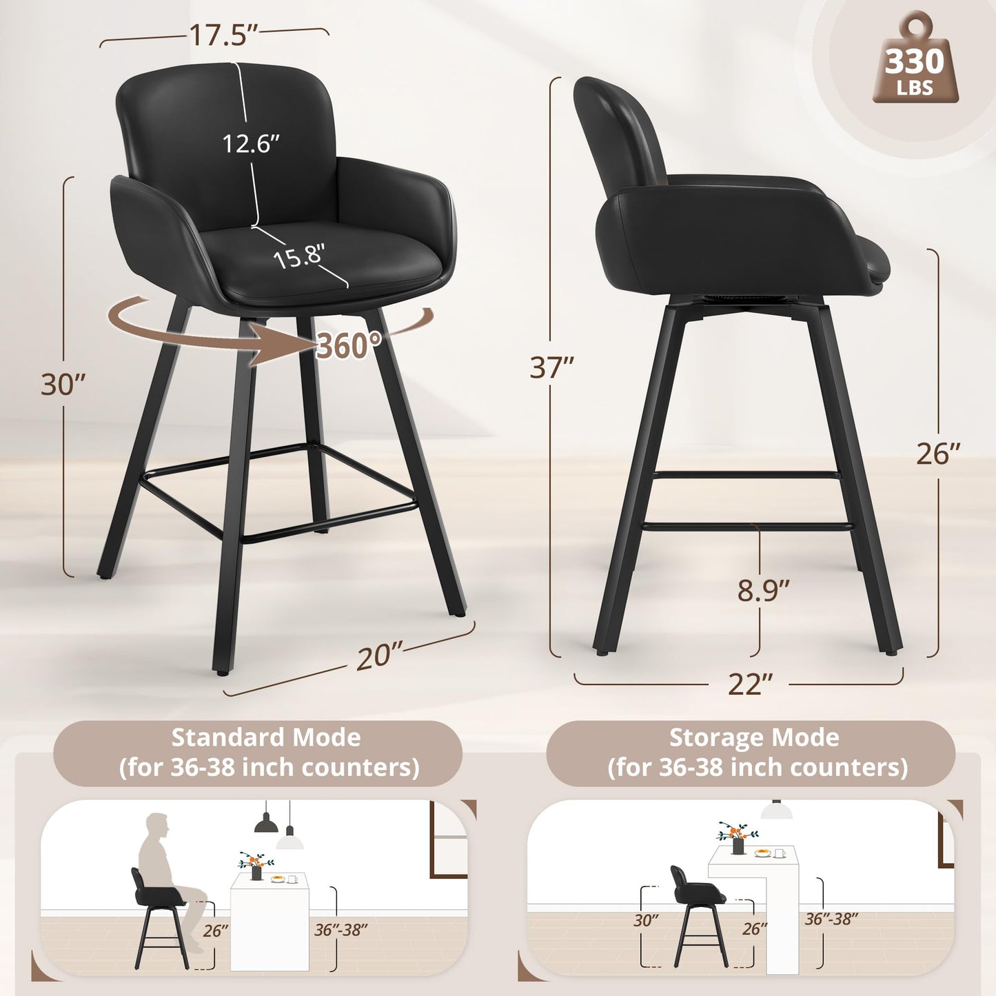 LUE BONA 26" Swivel Bar Stools Set of 4, Counter Height Bar Stools with Backrest and Arms, Modern Upholstered Barstools with Metal Legs for Kitchen Island, Black