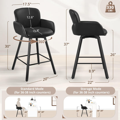 LUE BONA 26" Swivel Bar Stools Set of 4, Counter Height Bar Stools with Backrest and Arms, Modern Upholstered Barstools with Metal Legs for Kitchen Island, Black