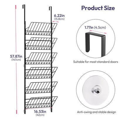 SWTYMIKI Over The Door Shoe Organizer - Adjustable 6 Tier Hanging Shoe Rack Organizer, Metal Heavy Duty Behind Door Storage or Wall Mount Shoes Shelf for Flats, Heels, Sneakers, Boots