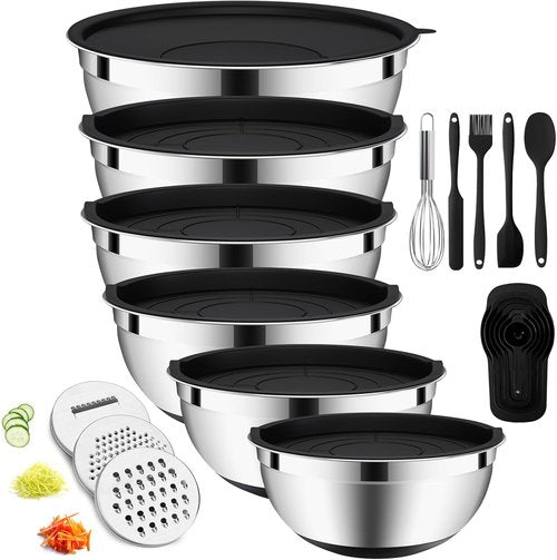 20-Piece Mixing Bowls Set by [Brand Name] - Airtight Lids, Stainless Steel, Non-Slip Silicone Bottoms | Perfect for Baking & Serving