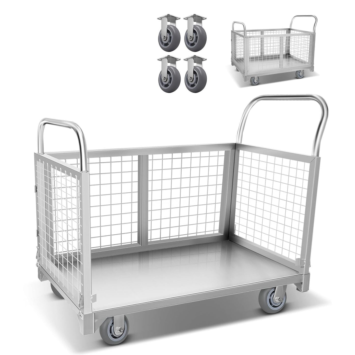 Heavy-Duty Platform Truck Cart with Cage, 2200LBS Capacity Reinforced Flatbed Truck for Warehouses. 4-in-1 Multifunctional Truck Cart with 360° Wheels, Versatile Platform Truck for Home & Business.