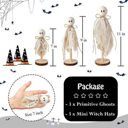 Yanleen Halloween Decorations Indoor, Set of 3 Primitive Halloween Ghosts with Witch Hat Bat on Wooden Stand Spooky Halloween Table Decor Table Centerpieces, Tiered Tray Decor, Shelves Mantels