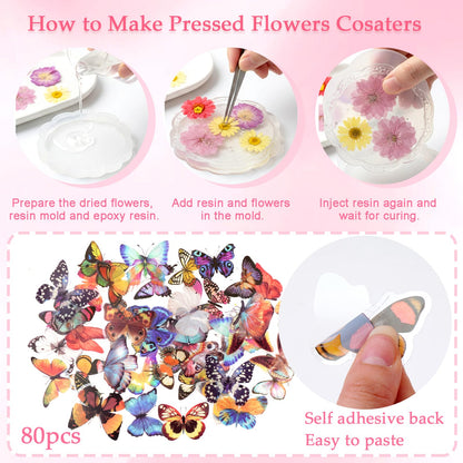 Dfqsofd 228Pcs Pressed Dried Flowers with Butterfly Stickers for Crafts, Natural Real Dried Pressed Flowers for DIY Art Butterfly Stickers Tweezers for Candle Soap Making, Scrapbook