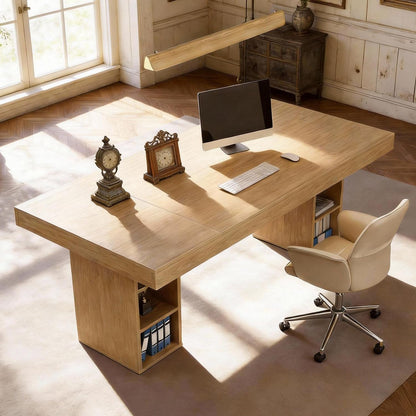 IDEALHOUSE 71” Executive Desk with Cabinet Storage, Farmhouse Home Office Desk, Wooden Computer Desk with Extra Thickened Tabletop & Metal Frame, for Work Study Writing, Oak