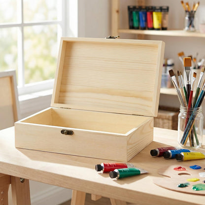YAUFWUA 4 Pack Unfinished Wooden Boxes,9.8x6x3.14 Inch Wood Box with Hinged Lid Rectangle Wooden Storage Box Lot for Crafts, Jewelry