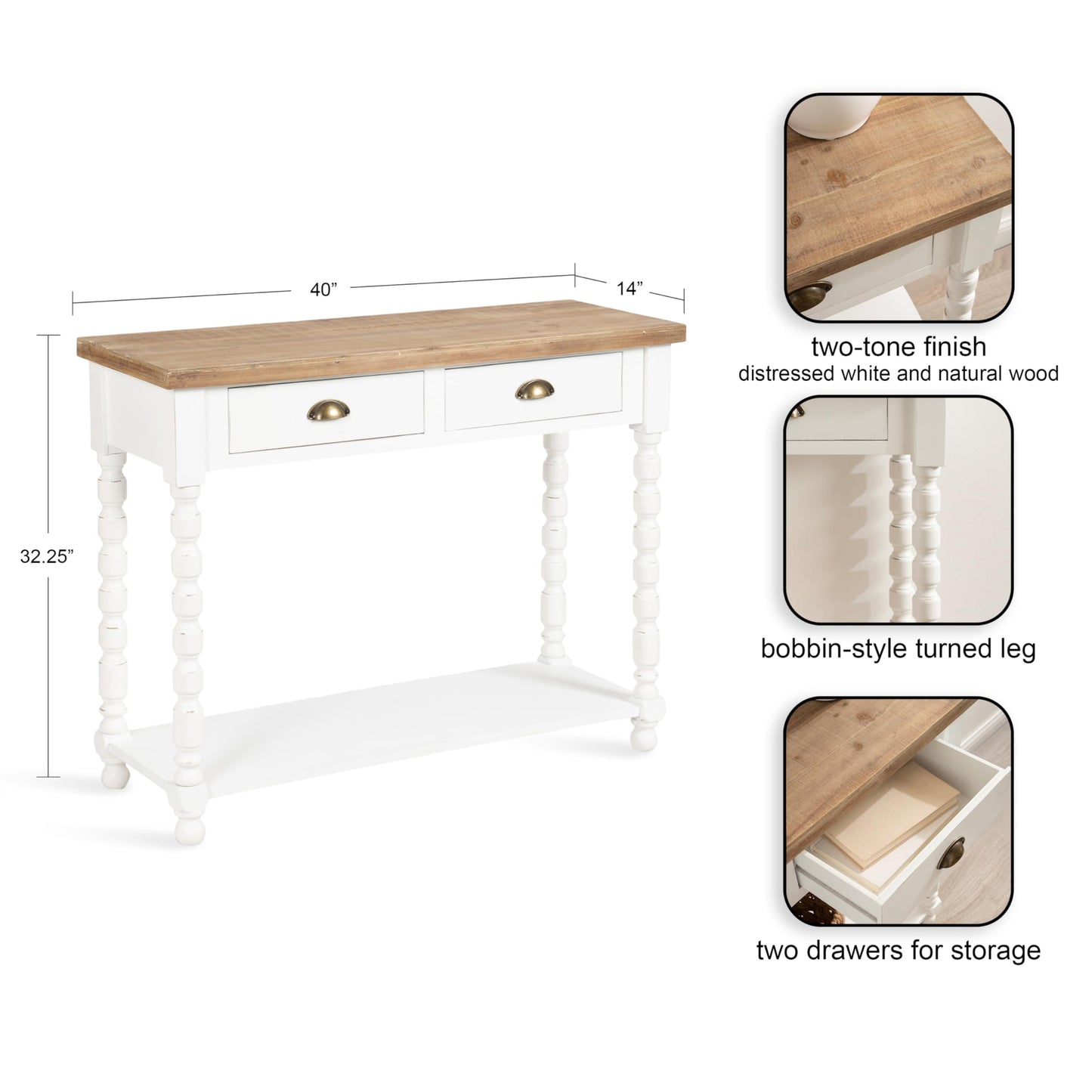 Kate and Laurel Rutledge Coastal Wooden Console Table with Shelf; 40 x 14 x 33; Hazelnut and White; Traditional Wood Entryway Table with Drawers and Decorative Turned Legs for Entry Storage Options