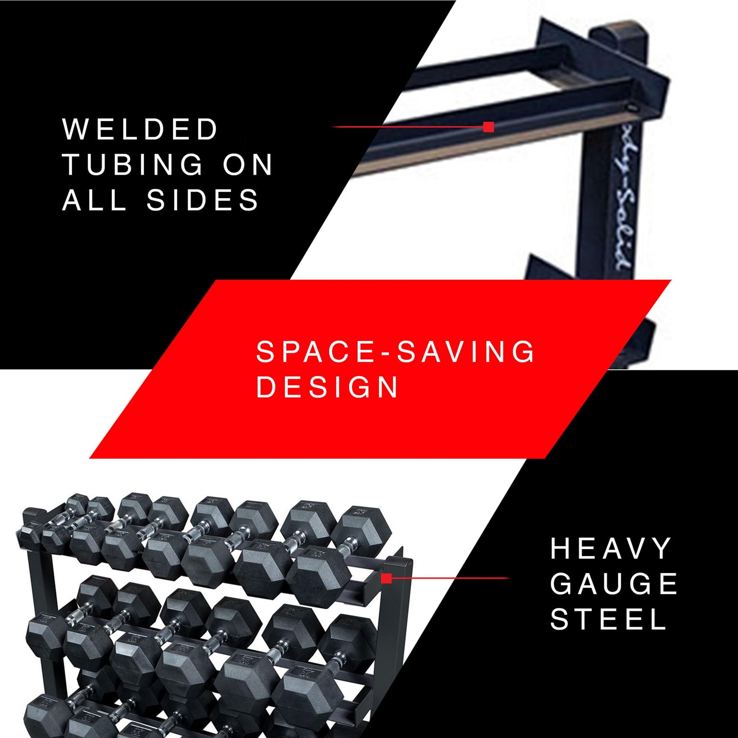 Body-Solid (GDR363) 3-Tier Horizontal Dumbbell Rack Stand Only, Weight Rack Stores 10 Pairs Hex Dumbbells from 5-50 lbs, Home Gym Dumbell Organizer Racks
