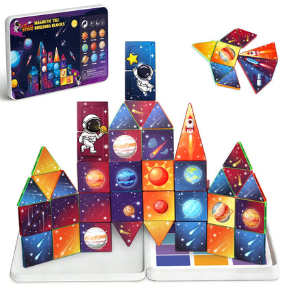 kocojrff Mini Magnetic Tiles Travel Set, 31Pcs STEM Travel Magnatiles with Metal Case, Space Theme Educational & Creative Magnet Tiles for Kids