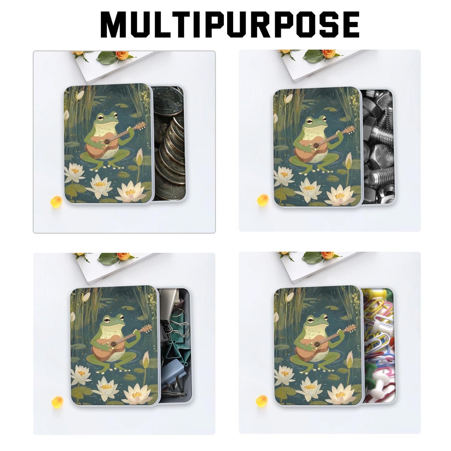 VACGBJPG Metal Tin Box with Lid,Multi-functional Storage Large Box Can Store Tea Biscuits Game Cards, Playing & Tarot Cards-Comes with 4 Magnetic Cord Clips,Frog Playing Guitar