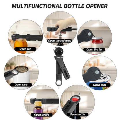 Banyaa 7 in 1 Jar Opener Bottle Opener and Wine Opener for Seniors with Arthritis, Weak Hands, Multi Retractable Magnetic Can Opener, Original Kitchen Lid Opener Tool (Black)