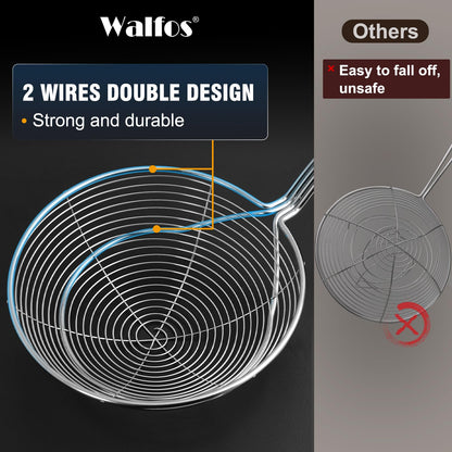 Walfos Spider Strainer, Set of 2-5.5 Inch Stainless Steel Fryer Scoop & 4 inch Fat Skimmer Spoon, Kitchen Spider Skimmer Strainer With Handle, For Cooking Deep Fryer, Pasta, Egg,Fat