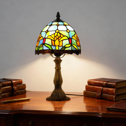 MOAN Small Lamp Stained Glass Table Lamp 8X14.5 Inch Bedside Reading Light Antique Light Desk Lamp(Rose Style)