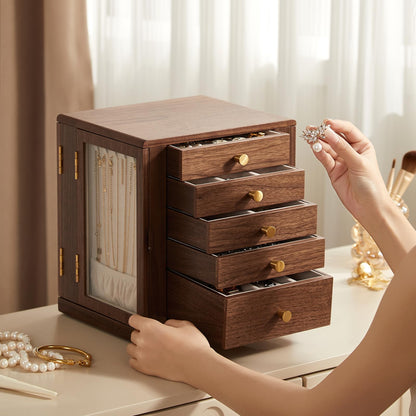Homruilink Black Walnut Wooden Jewelry Box - 360° Rotating Jewelry Organizer for Women with 5 Drawers for Rings,Necklaces,Earrings and Bracelets -Large Storage Case - Ideal Gift