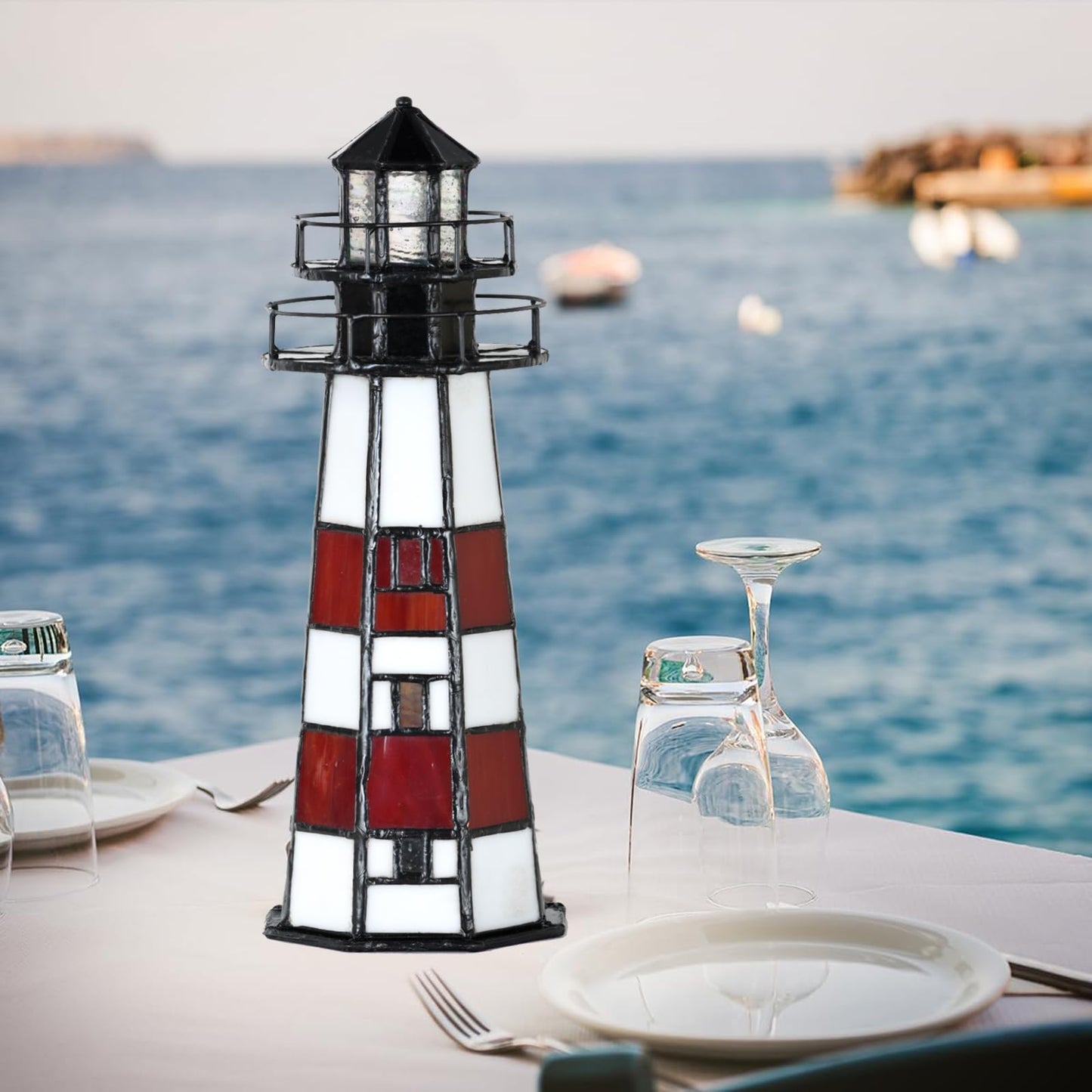 HomeBeauty A0016 Tiffany Lighthouse Lamp Stained Glass Accent Table lamp Night Light for Home Decoration, Bulb Included (RED)