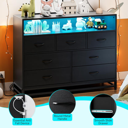 IDEALHOUSE Black 7-Drawer Dresser for Bedroom – Modern Long Dresser with Charging Station & LED Lights, Wooden Large Capacity Storage Chest, Wide Dresser for Living Room & Hallway