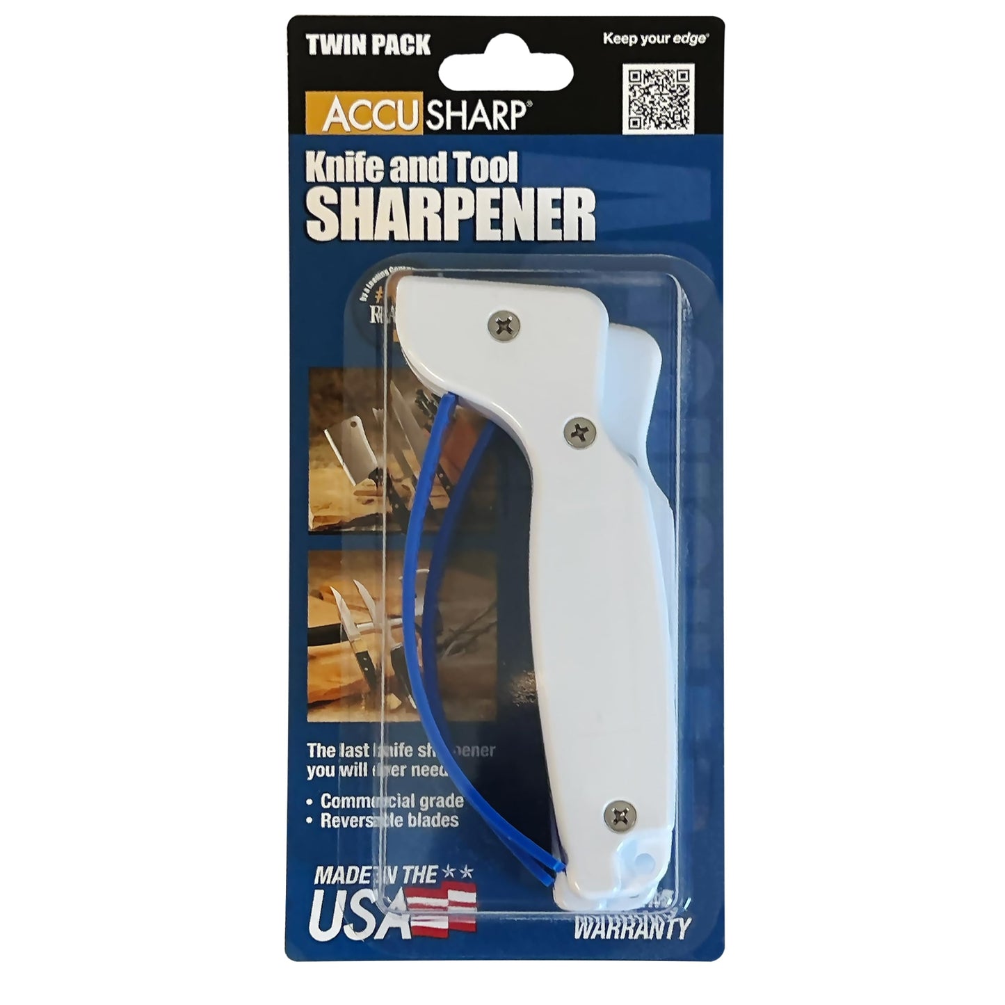 AccuSharp Hand-Held Carbide Blade Sharpener, Kitchen Knife and Chef Knife Sharpener, Professional Chef Grade Sharpening Tool, Restore and Hone Straight & Serrated Knives, 2-Pack, White