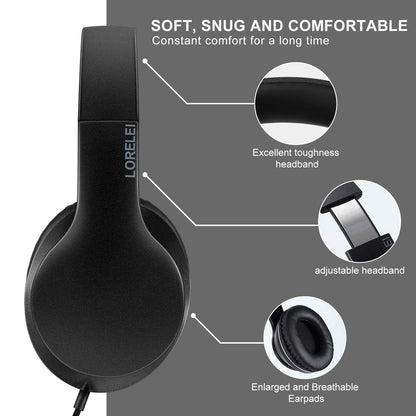 LORELEI X6 Over-Ear Wired Stereo Bass Headphones with Microphone, Lightweight, Foldable & Portable with 1.45M No-Tangle for Smartphone, Tablet, MP3/4, Space Black