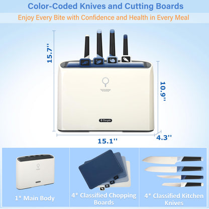 Etespie Smart Cutting Board and Knife Set,Self Cleaning Cutting Board and Knife Set with 4 Stainless Steel Knives,4 Color Coded Cutting Boards