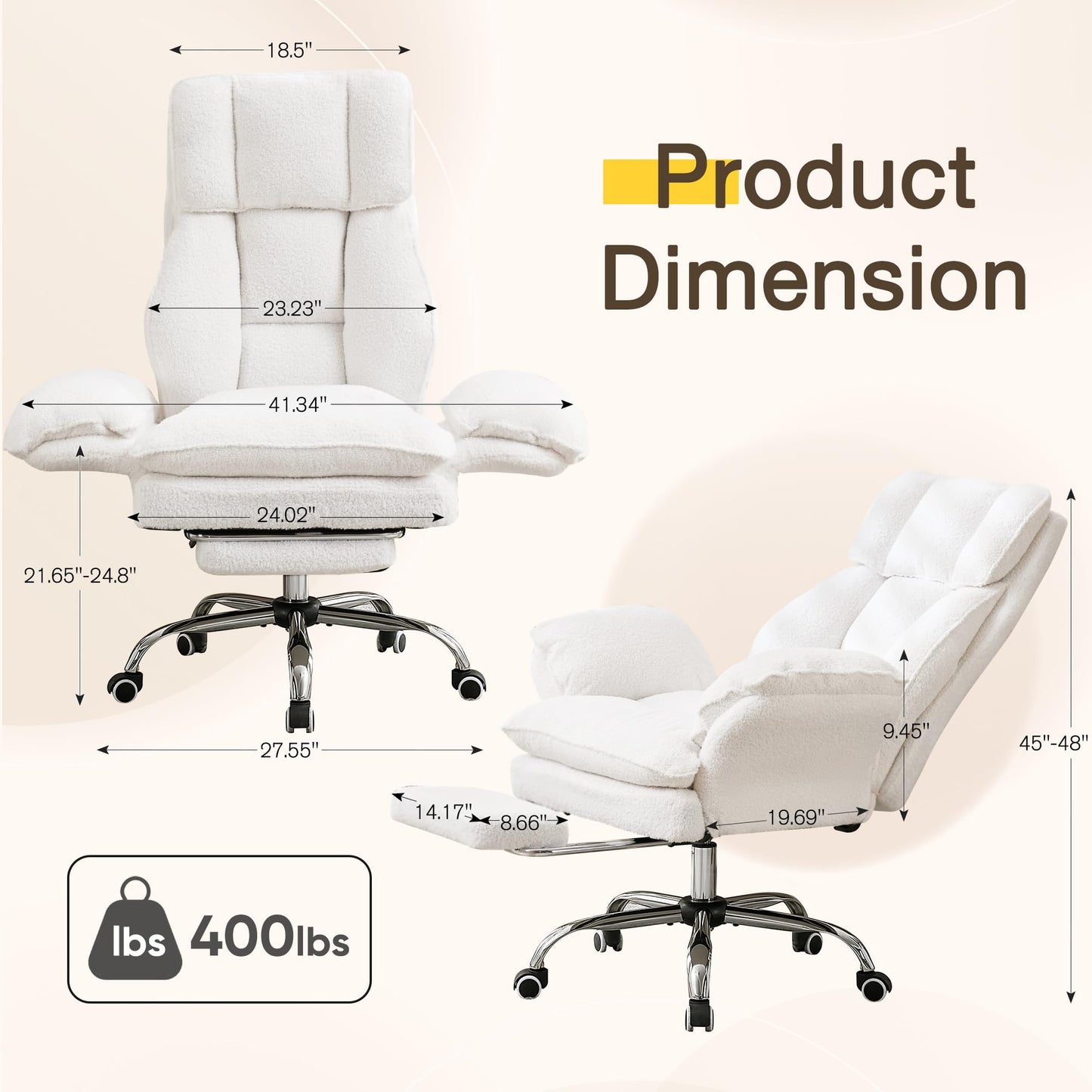 Ergonomic Cloud Cross Legged Office Chair with Footrest,Teddy Fleece Big and Tall Executive Chair with Wheels,Reversible Armrest,155° Reclining Computer Wide Desk Chair for Home,Office (White)