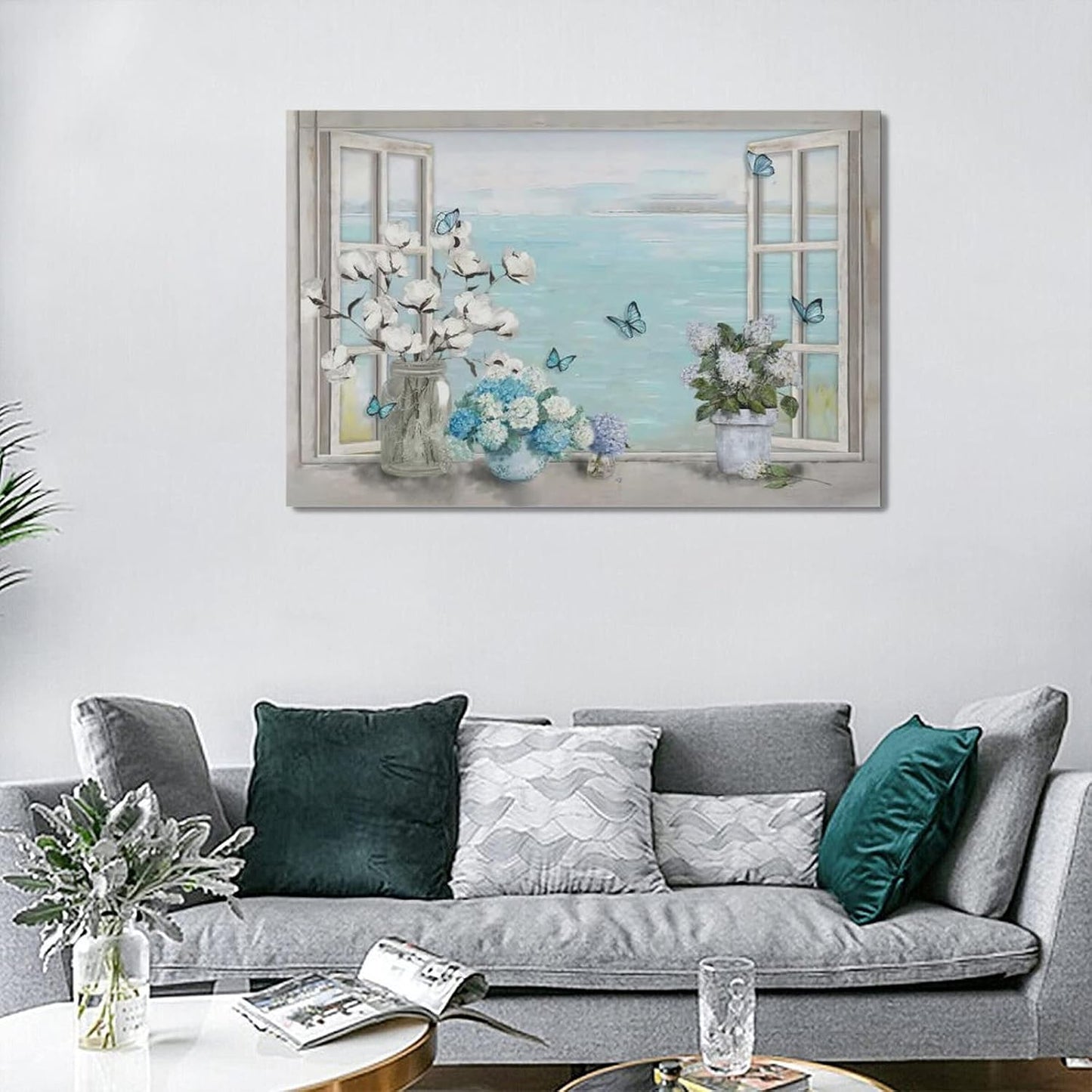 Cotton Hydrangea Bathroom Wall Art - Farmhouse Flower Butterfly Pictures, Framed Artwork for Bathroom