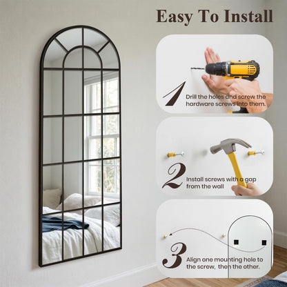Anpark Arched Windowpane Mirror Full Length 71"x30" Wall Mounted Black Art Pane Farmhouse Decorative Floor Mirror Leaning Hanging Wall Mirror for Bedroom Living Room Entrance
