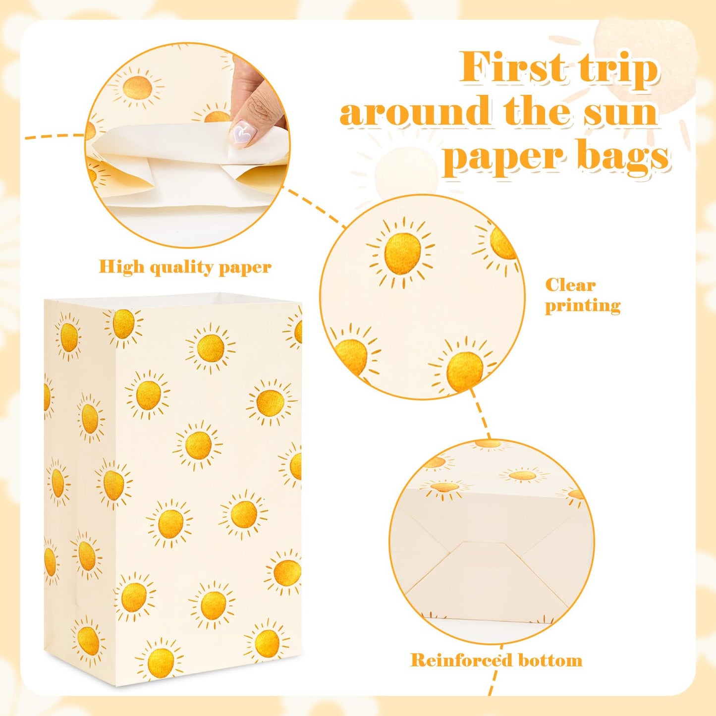 Whaline 24Pcs Boho Sun Party Favor Bags Baby Shower Paper Gift Bag with Tag Stickers First Trip Around the Sun Treat Candy Goodie Bags for Birthday Party Supplies, 4.7 x 3.1 x 8.7 Inch