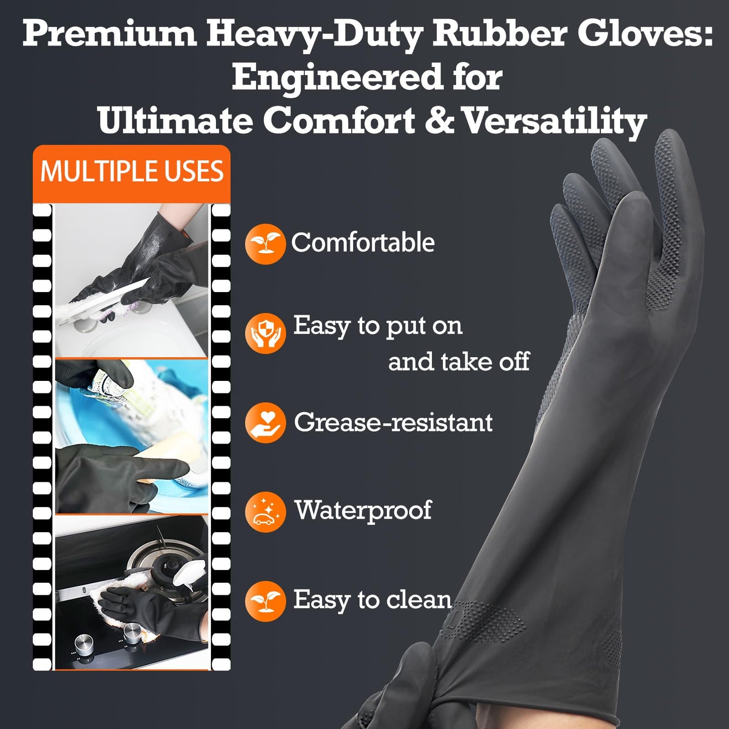 Exprosiflux Heavy-Duty Thick Rubber Cleaning Gloves - 3 Pairs of Extra-Large Black Reusable Waterproof Non-Slip Gloves for Dishwashing and Kitchen Cleaning