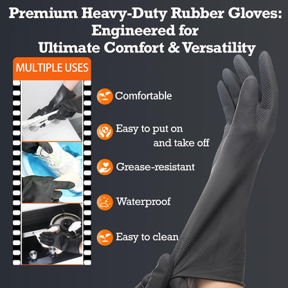Exprosiflux Heavy-Duty Thick Rubber Cleaning Gloves - 3 Pairs of Extra-Large Black Reusable Waterproof Non-Slip Gloves for Dishwashing and Kitchen Cleaning