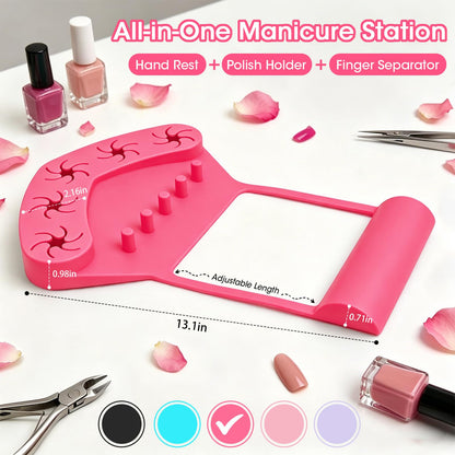 3-in-1 Silicone Nail Arm Rest & Nail Polish Holder for Manicure and Pedicure,Hand Rest Mat with Anti-Spill Bottle Stand & Finger Separators for Nail Art Tools,Fingernail Painting Accessories(Rose Red)