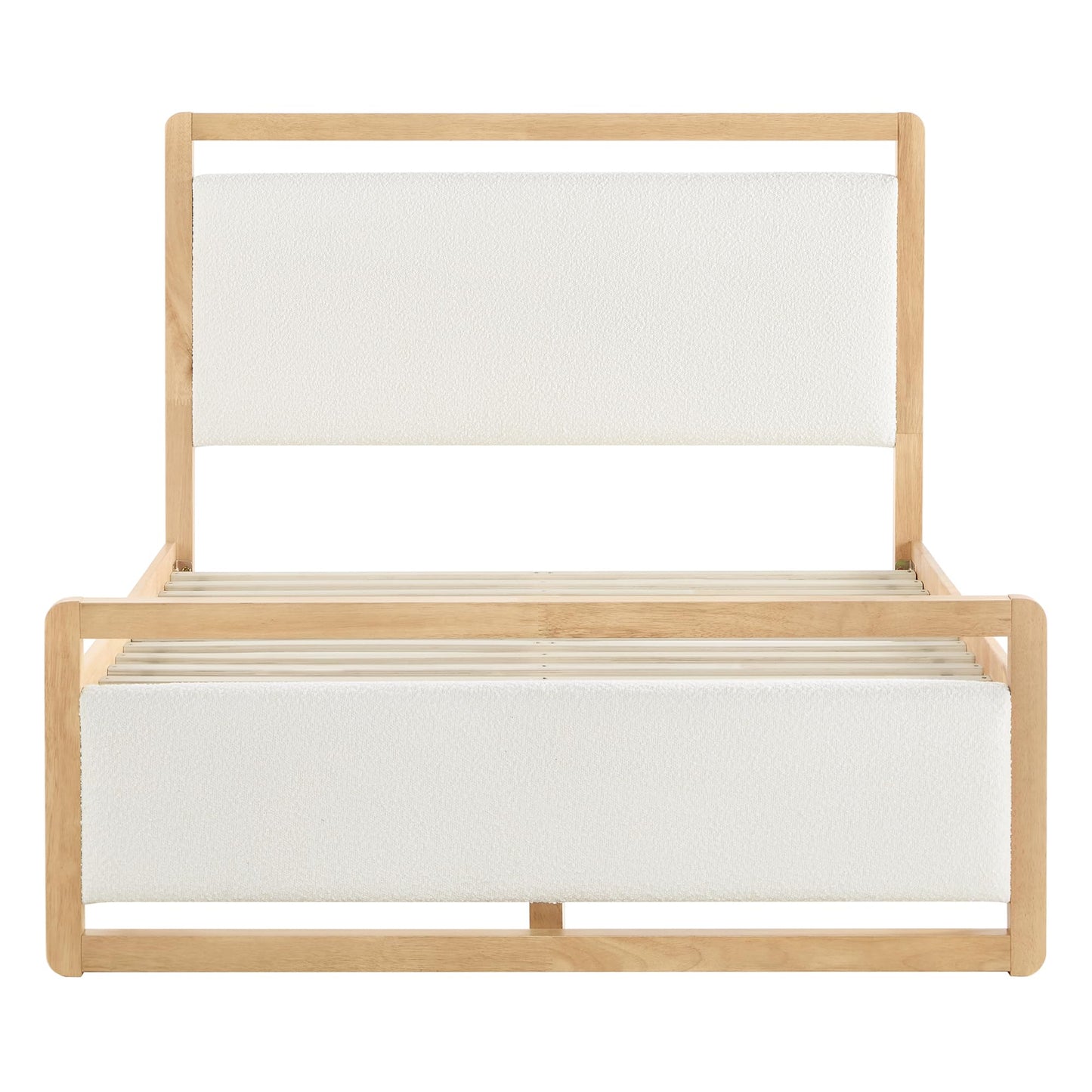 KISLOT Queen Wood Platform Bed Frame with Boucle Upholstered Headboard, Mid-Century Modern Bed with USB Charging Station, Solid Wood Slat Support, Noise-Free, No Box Spring Needed, Natural