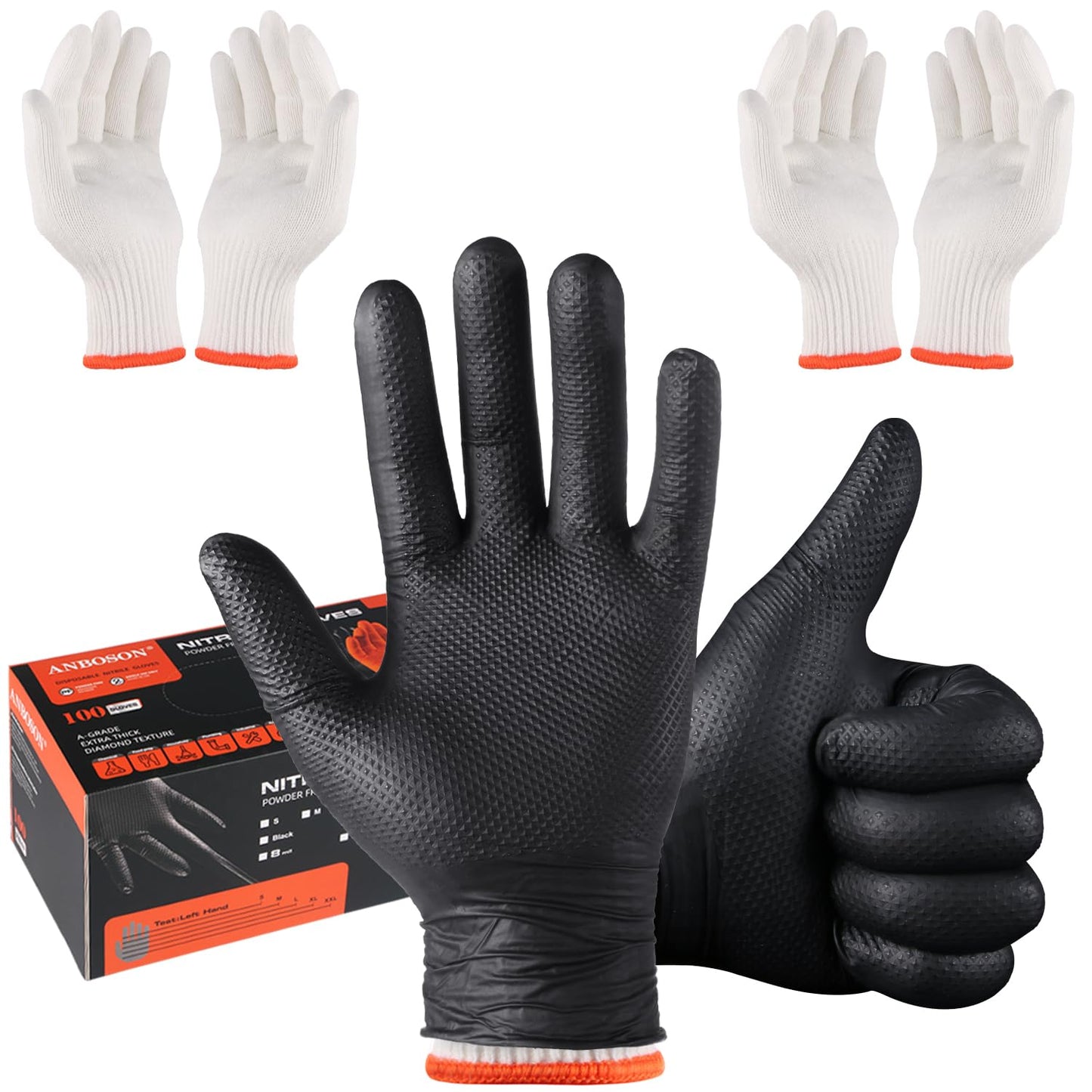 ANBOSON BBQ Gloves for Grilling Disposable Heat Resistant - 100 Nitrile Gloves + 4 Reusable Cotton Liners for Barbecue Smoker, Cooking Hot Meat - 10Mil Thick, Non-Slip Grip - Black Large