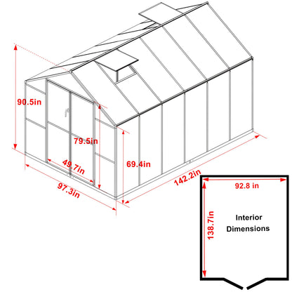 BlueWish 8x12FT Greenhouse for Outdoors, Greenhouses with 2 Adjustable Vents,Aluminum Frame, Heavy Duty Greenhouse Kit with Polycarbonate Panel, Walk-in Green House for Garden, Gray