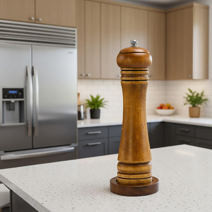 M JINGMEI Wood Salt and Pepper Grinder, Salt Grinder and Pepper Mill, Oak Wood Shakers with Adjustable Ceramic Grinders (8″ - 1 Pack with Tray)