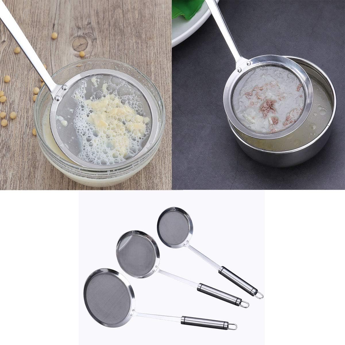 Fine Mesh Strainers, SUS 304 Premium Stainless Steel Kitchen Colander Sieve, Hand-held Oil Spoon with Good Grip