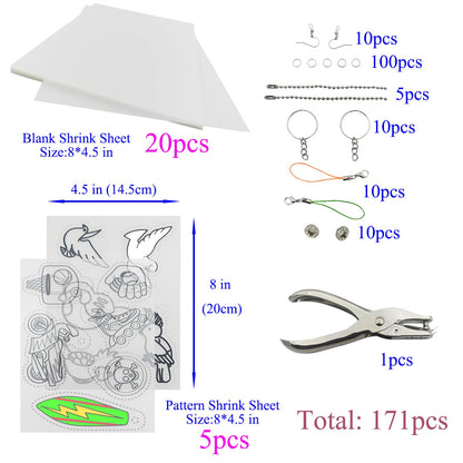 Heat Shrink Plastic Sheets Shrink Film Papers Kit Patterned Sheets Frosted Shrink Paper Sheet 171 PCS DIY Ornaments Keychains Making for Creative Art and Craft (8 x 5.7inch)