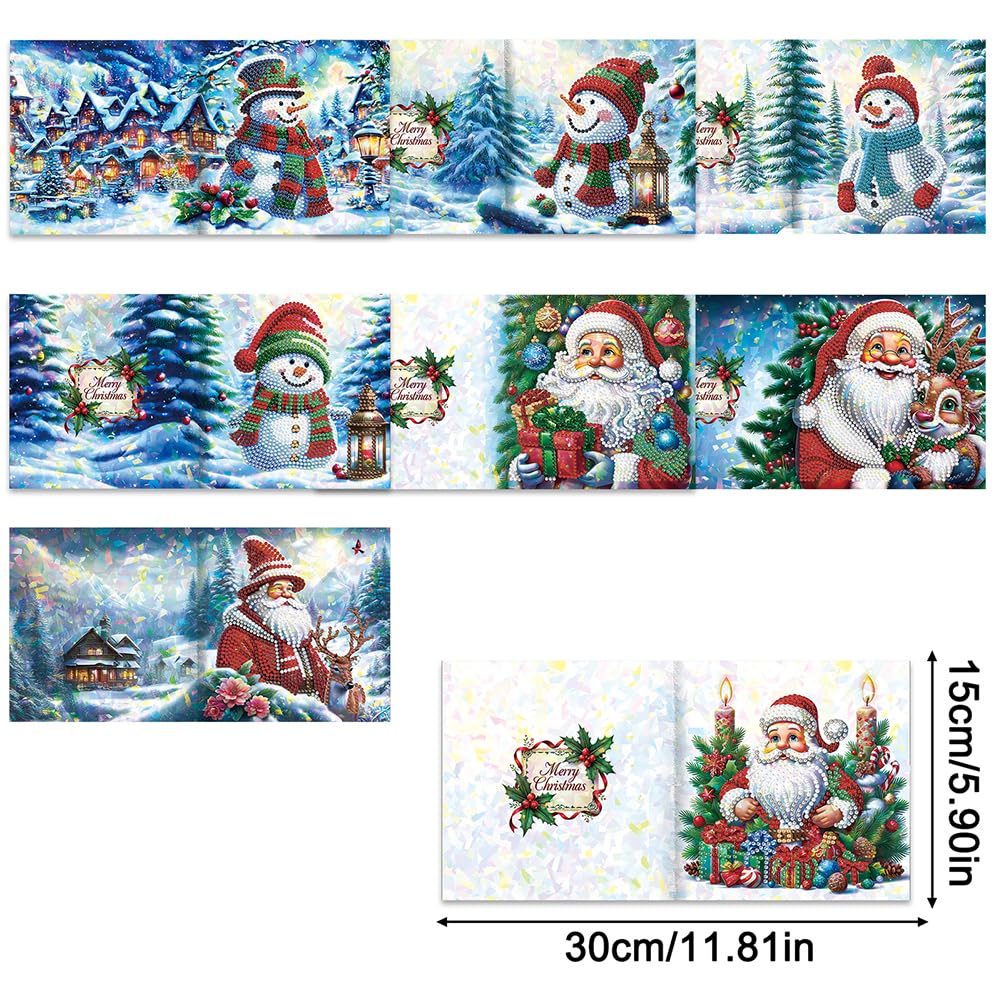 8pcs Diamond Art Kits for Adults DIY Christmas Cards with Envelopes Rhinestone Painting Cards Kits Diamond Painting Santa Greeting Card for New Year Party Supplies (Snowman and Santa Claus)