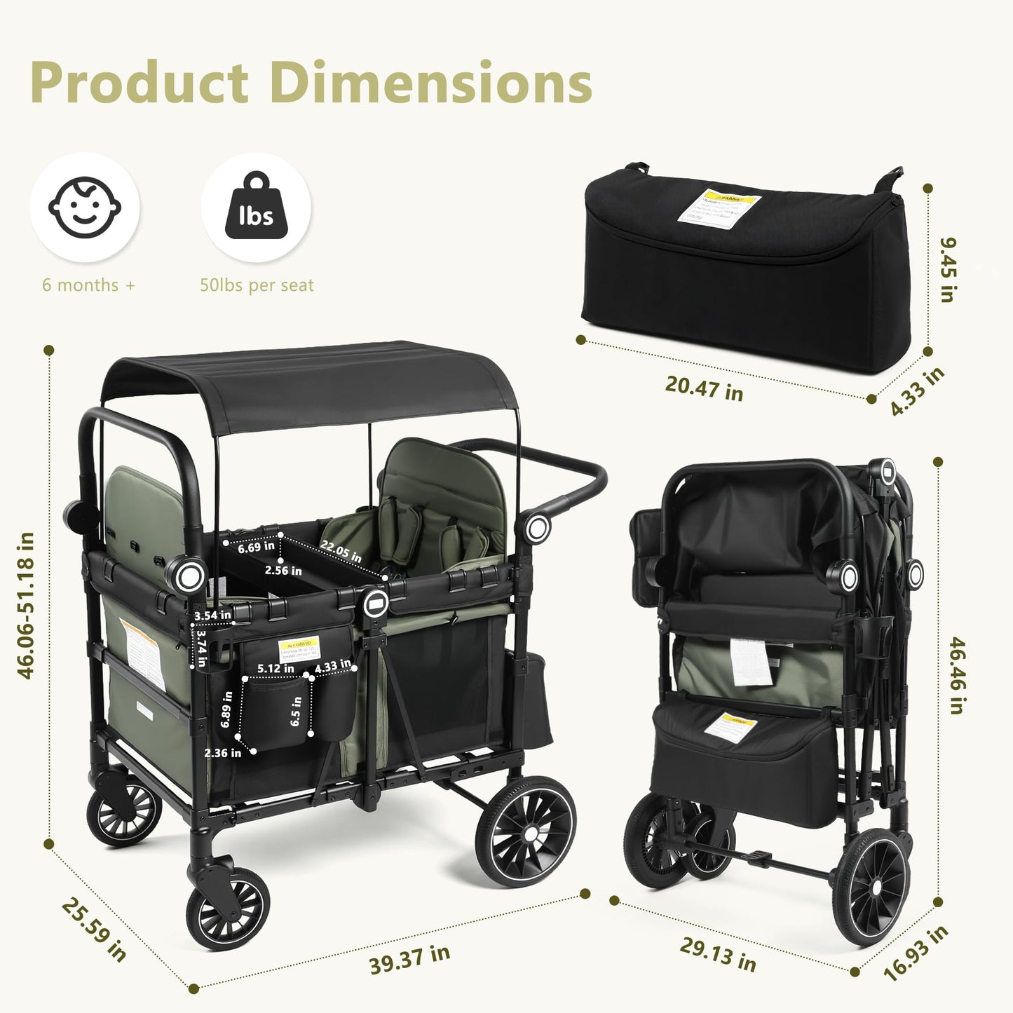 Kinder King Wagon Stroller for 4 Kids, All-Terrain Foldable Outdoor Stroller Wagon 4 Seater, Removable Canopy, Adjustable Handle, Detachable Tray, Large Storage, Green