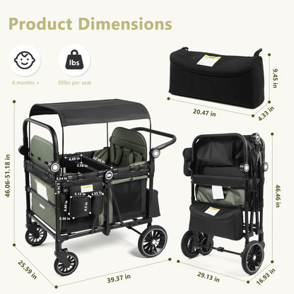 Kinder King Wagon Stroller for 4 Kids, All-Terrain Foldable Outdoor Stroller Wagon 4 Seater, Removable Canopy, Adjustable Handle, Detachable Tray, Large Storage, Green