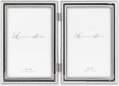 Lawrence Frames 4 by 6-Inch Hinged Double Metal Picture Frame, Silver-Plate with Delicate Beading (Vertical)