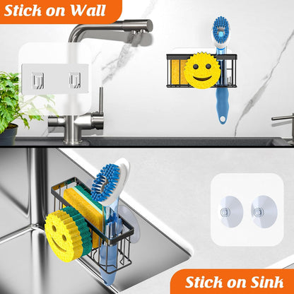 MURLONG Sponge Holder - Smiley Face Kitchen Organizer with Suction Cups & Adhesive Strips | Black