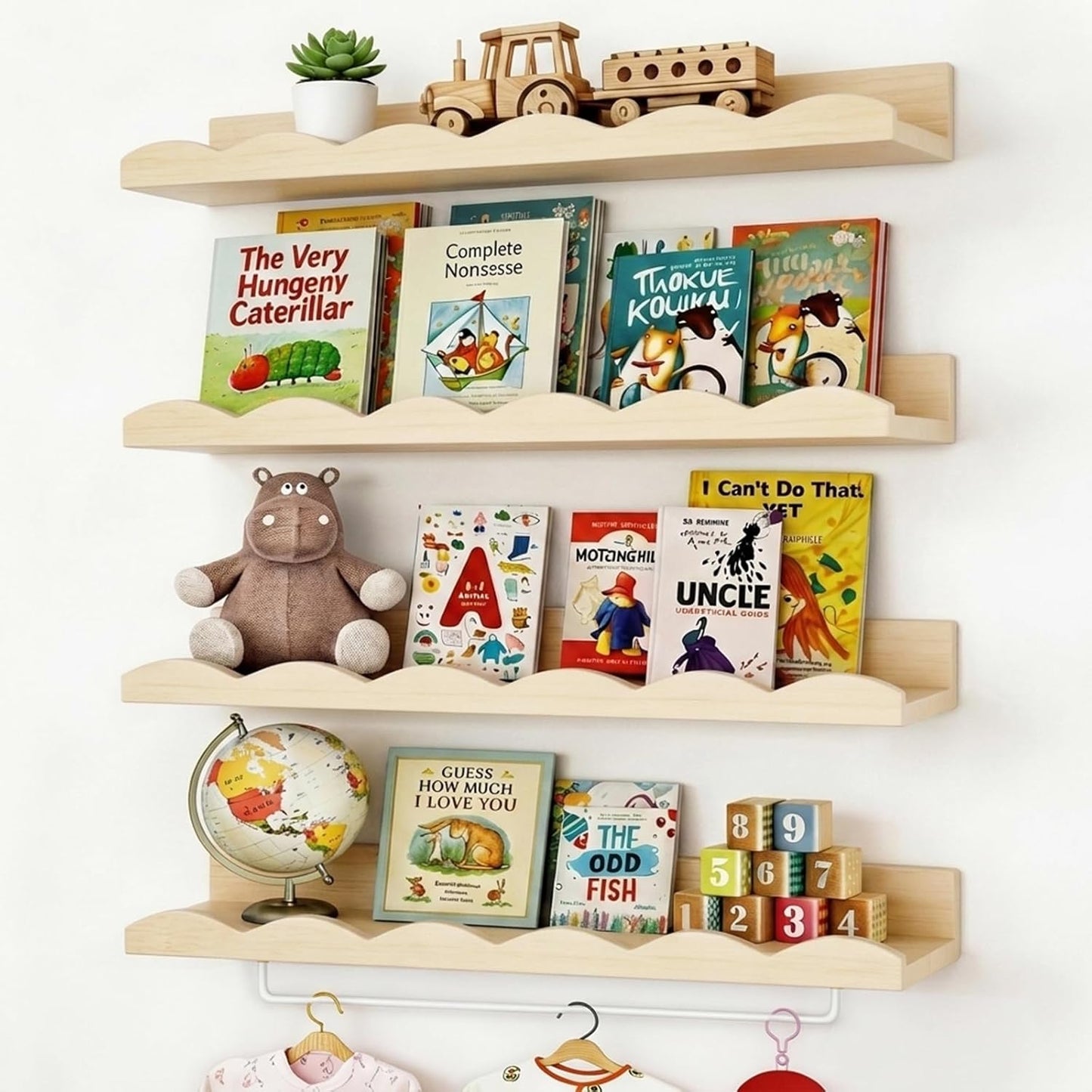 16.5 Inch Set 4, Fixwal Nursery Book Shelves, Floating Bookshelves for Wall of Scalloped Wall Book Shelves with Towel