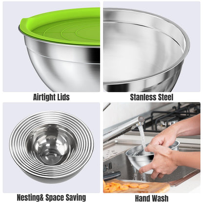 ENVTEK Mixing Bowls with Lids Set, 7 PCS Stainless Steel Mixing Bowls with 3 Grater Attachments, Size 4.5, 4, 3.5, 2.1, 1.5, 1.1, 0.7QT, Ideal for Kitchen Cooking Baking & Serving