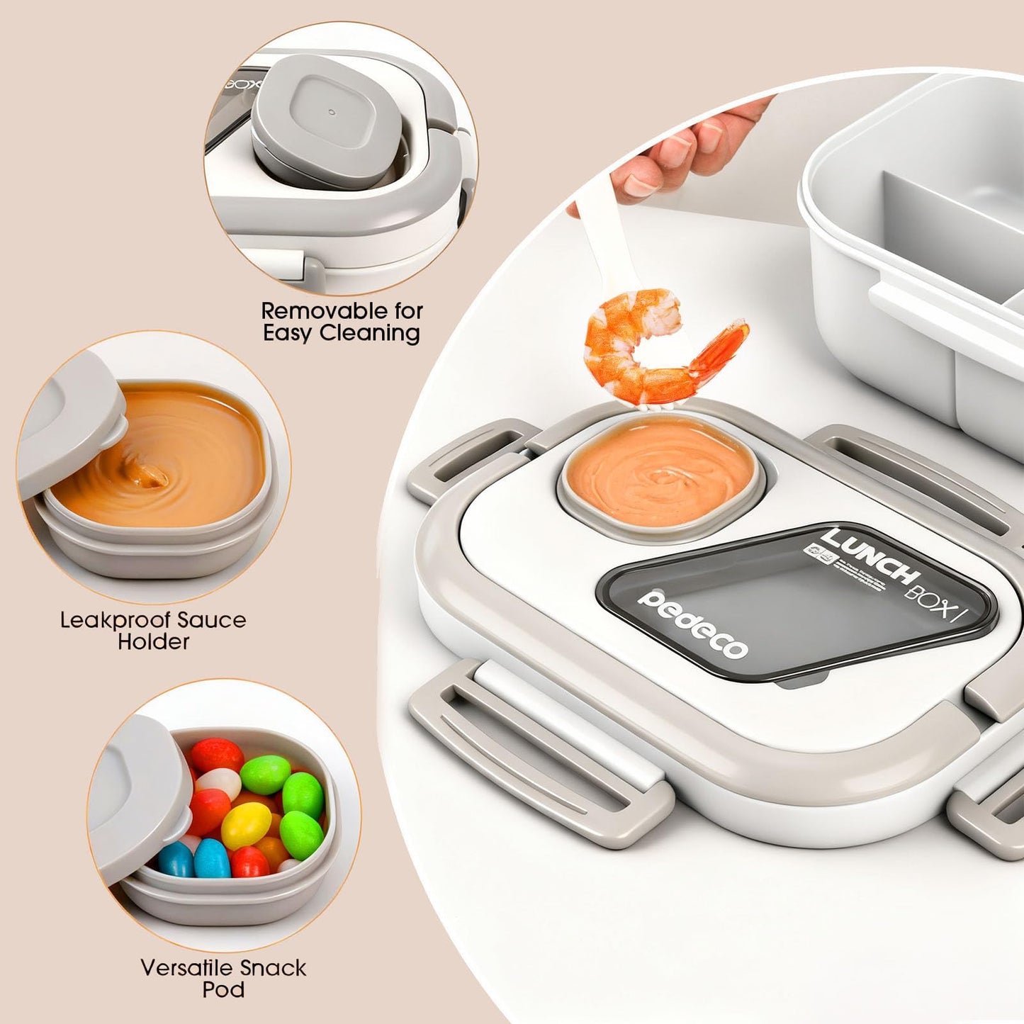 PEDECO All-in-one Bento Lunch Box Set for Adults & Kids with Insulated Bag, Leakproof 3-Compartment and 2-Tier Stackable Container with Portable Sauce Pod, Microwave/Dishwasher Safe, BPA-Free (White)